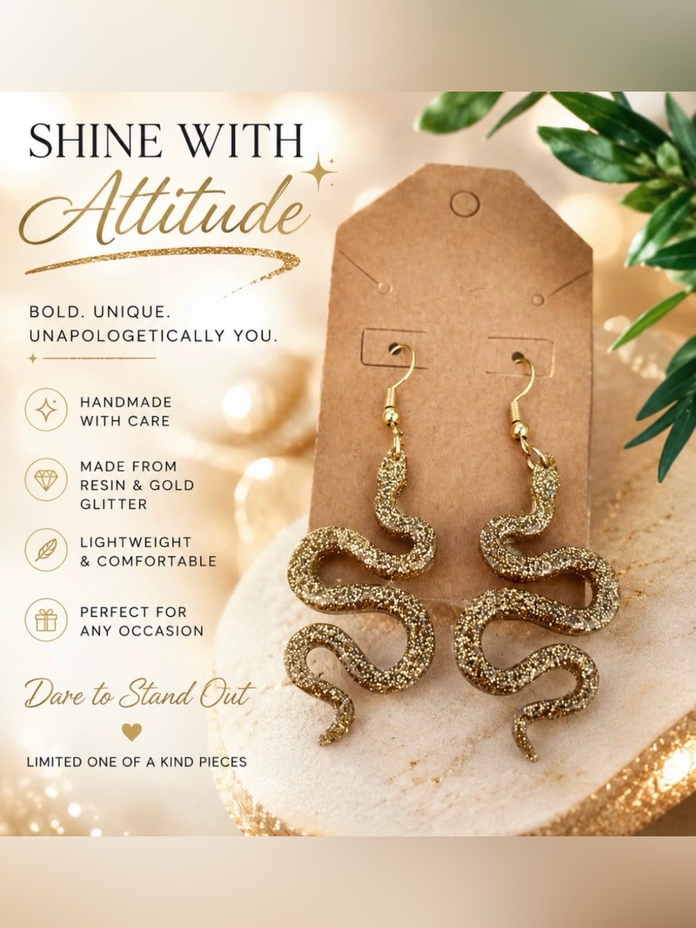 New Gold Glitter Snake Dangle Earrings